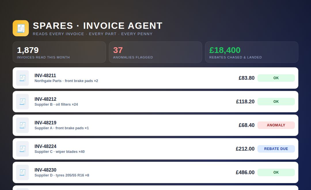 Spares Invoice Reader — example screen